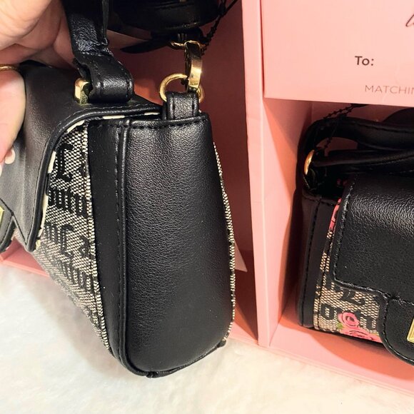 Juicy Couture Black Beige Logo Rose Print Mommy & Me Mini Crossbody Bags NWT - Picture 3 of 7